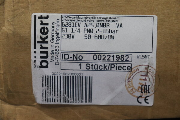 B&uuml;rkert 6281-EV A25 ,0NBR MS 2/2-Wege Magnetventil 00221982 2-16bar Unused OVP