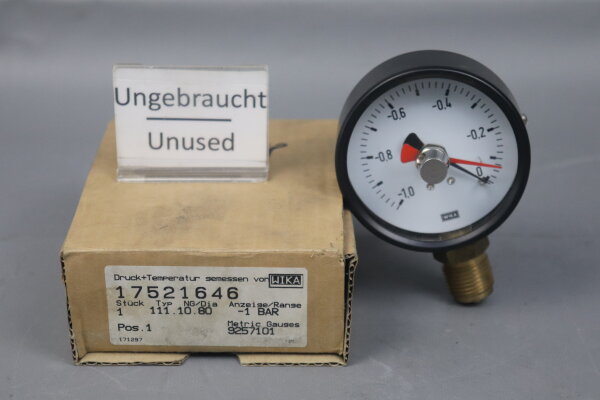 WIKA 17521646 Manometer -1 ... 0 bar 111.10.80 Unused OVP